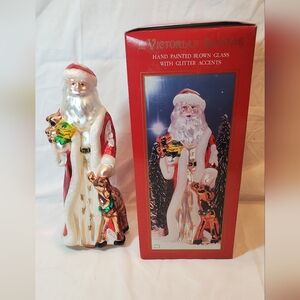 12" Victorian Vtg Roman Santa Hand Painted Blown Glass Figure W/Glitter Accents